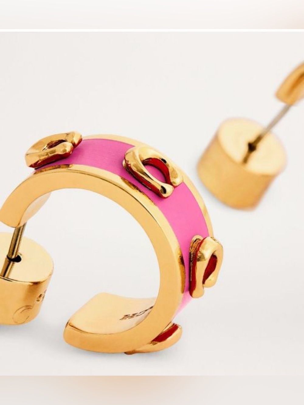 NWT COACH Pink Gold Enamel Signature C Logo Mini Huggie Hoop Earrings - Picture 6 of 10